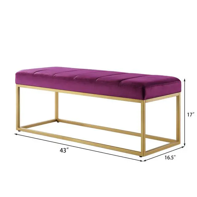 Alt view image 6 of 6 - Modern Tufted Channel Entryway Bench Emerald Velvet Upholstered End of Bed Bench with Metal Frame,Footboard Bench for Living Room, Bedroom,Violet