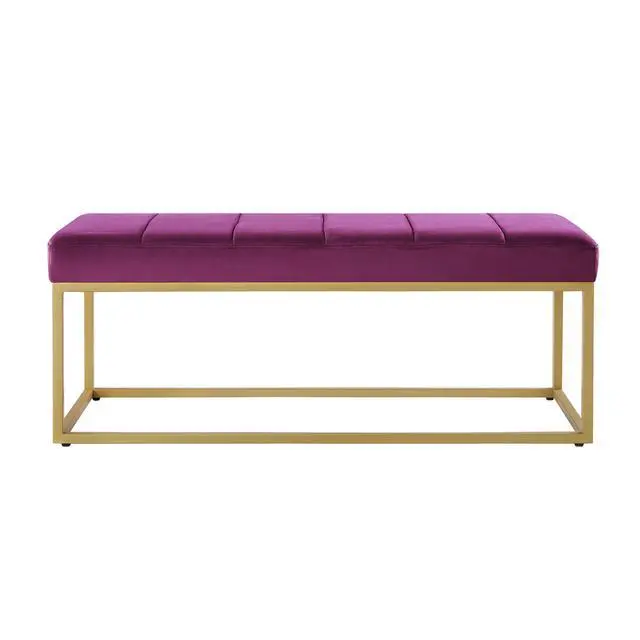 Alt view image 2 of 6 - Modern Tufted Channel Entryway Bench Emerald Velvet Upholstered End of Bed Bench with Metal Frame,Footboard Bench for Living Room, Bedroom,Violet