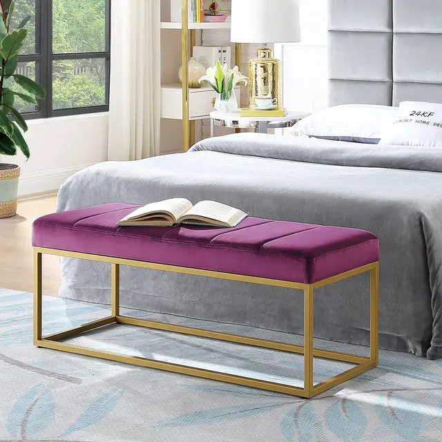 Main image of Modern Tufted Channel Entryway Bench Emerald Velvet Upholstered End of Bed Bench with Metal Frame,Footboard Bench for Living Room, Bedroom,Violet