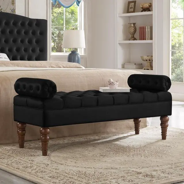 Main image of Velvet Long bed Bench for Bedroom,Upholstered Window Bench with Tufted Button,Entryway Bench,Bolster Bench for Living Room-Black