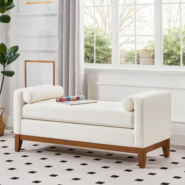 Alt view image 4 of 7 - Large Upholstered Boucle Fabric Ottoman with Pillows,Comfort Padded Window Bench for Living Room,Entryway Bench-Ivory