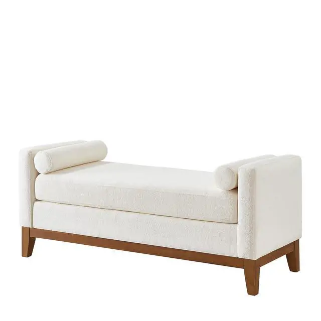 Alt view image 5 of 7 - Large Upholstered Boucle Fabric Ottoman with Pillows,Comfort Padded Window Bench for Living Room,Entryway Bench-Ivory