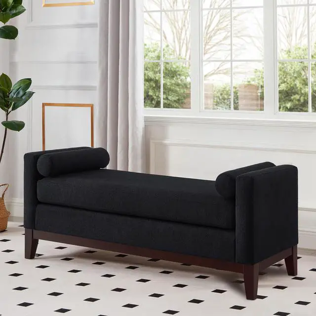 Alt view image 4 of 7 - Large Upholstered Boucle Fabric Ottoman with Pillows,Comfort Padded Window Bench for Living Room,Entryway Bench-Black