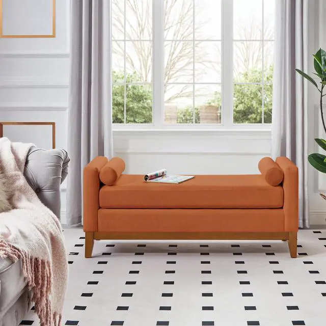 Alt view image 3 of 7 - Large Upholstered Boucle Fabric Ottoman with Pillows,Comfort Padded Window Bench for Living Room,Entryway Bench-Orange