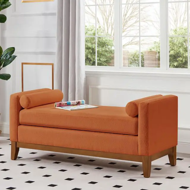 Alt view image 4 of 7 - Large Upholstered Boucle Fabric Ottoman with Pillows,Comfort Padded Window Bench for Living Room,Entryway Bench-Orange