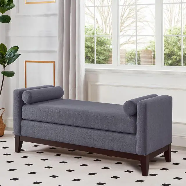 Alt view image 4 of 7 - Large Upholstered Boucle Fabric Ottoman with Pillows,Comfort Padded Window Bench for Living Room,Entryway Bench-Dark Gray