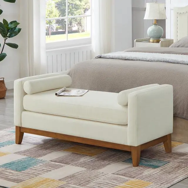 Main image of Large Upholstered Boucle Fabric Ottoman with Pillows,Comfort Padded Window Bench for Living Room,Entryway Bench-Beige