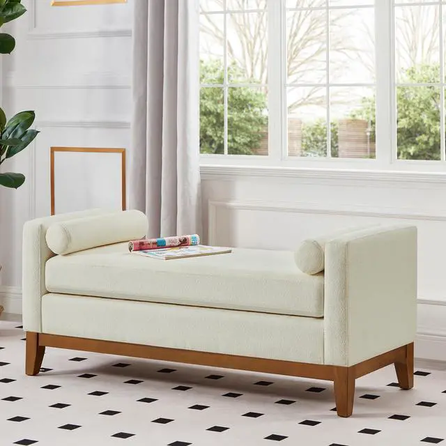 Alt view image 4 of 7 - Large Upholstered Boucle Fabric Ottoman with Pillows,Comfort Padded Window Bench for Living Room,Entryway Bench-Beige