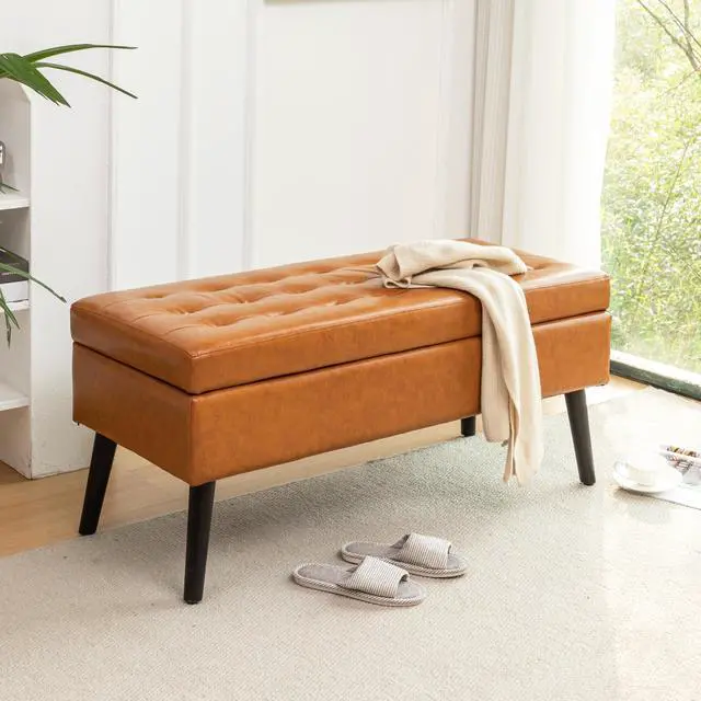 Alt view image 3 of 7 - Storage Bench with Storage Bench for Bedroom End of Bed Bench Foot of Bed Bench Entryway Bench Storage Ottoman Bench 43.3" W x 17.7" Brown Leather Bench