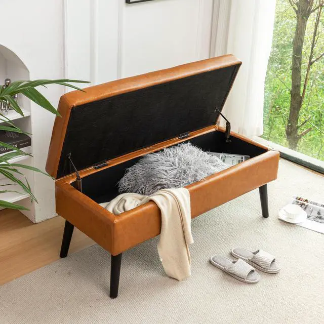Alt view image 2 of 7 - Storage Bench with Storage Bench for Bedroom End of Bed Bench Foot of Bed Bench Entryway Bench Storage Ottoman Bench 43.3" W x 17.7" Brown Leather Bench