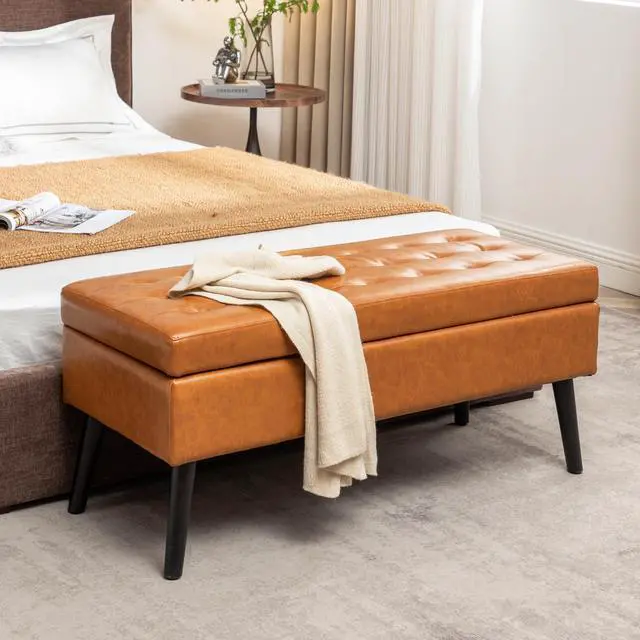 Alt view image 4 of 7 - Storage Bench with Storage Bench for Bedroom End of Bed Bench Foot of Bed Bench Entryway Bench Storage Ottoman Bench 43.3" W x 17.7" Brown Leather Bench
