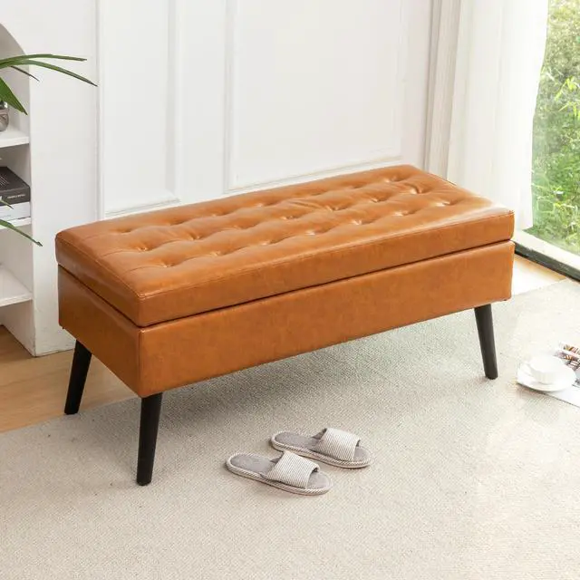 Main image of Storage Bench with Storage Bench for Bedroom End of Bed Bench Foot of Bed Bench Entryway Bench Storage Ottoman Bench 43.3" W x 17.7" Brown Leather Bench