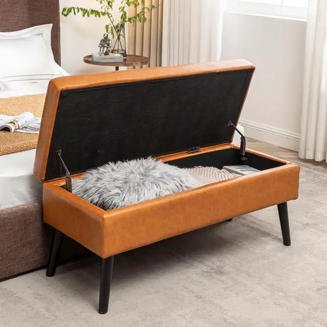 Alt view image 5 of 7 - Storage Bench with Storage Bench for Bedroom End of Bed Bench Foot of Bed Bench Entryway Bench Storage Ottoman Bench 43.3" W x 17.7" Brown Leather Bench