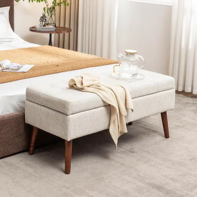 Alt view image 3 of 7 - Storage Bench with Storage Bench for Bedroom End of Bed Bench Foot of Bed Bench Entryway Bench Storage Ottoman Bench 43.7" W x 18.1" D Off White Bench