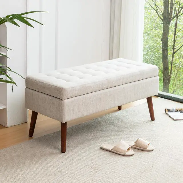 Alt view image 5 of 7 - Storage Bench with Storage Bench for Bedroom End of Bed Bench Foot of Bed Bench Entryway Bench Storage Ottoman Bench 43.7" W x 18.1" D Off White Bench