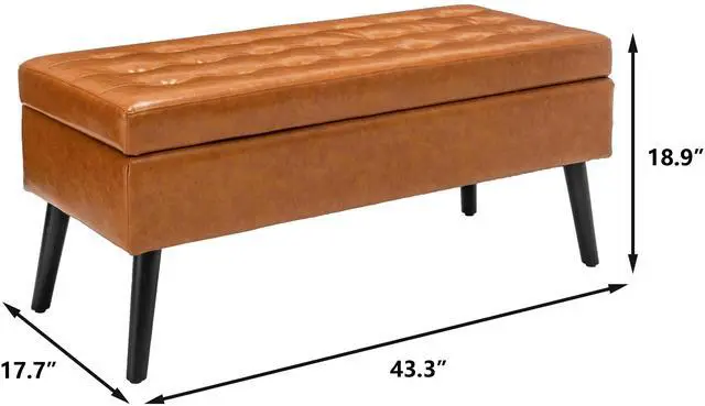 Alt view image 6 of 7 - Storage Bench with Storage Bench for Bedroom End of Bed Bench Foot of Bed Bench Entryway Bench Storage Ottoman Bench 43.3" W x 17.7" Brown Leather Bench