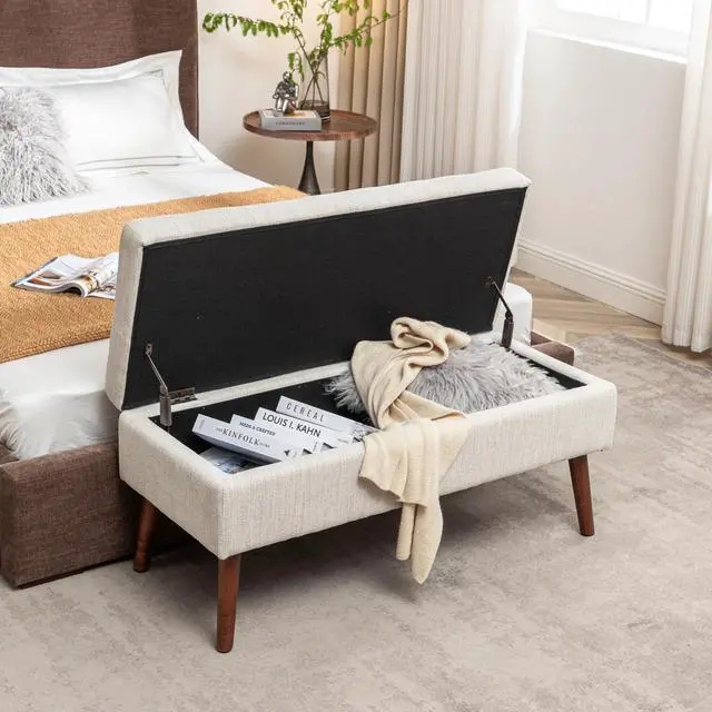 Alt view image 4 of 7 - Storage Bench with Storage Bench for Bedroom End of Bed Bench Foot of Bed Bench Entryway Bench Storage Ottoman Bench 43.7" W x 18.1" D Off White Bench