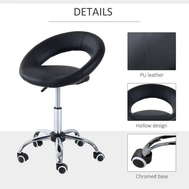 Alt view image 3 of 7 - Crescent Rolling Salon Stool with Adjustable Height, Breathable Open Back, Foam Cushion Seat, and 5 Caster Wheels, Black