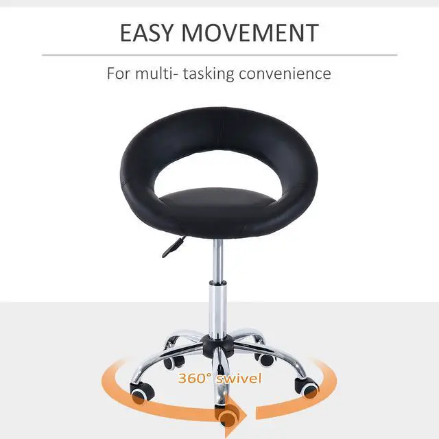 Alt view image 7 of 7 - Crescent Rolling Salon Stool with Adjustable Height, Breathable Open Back, Foam Cushion Seat, and 5 Caster Wheels, Black