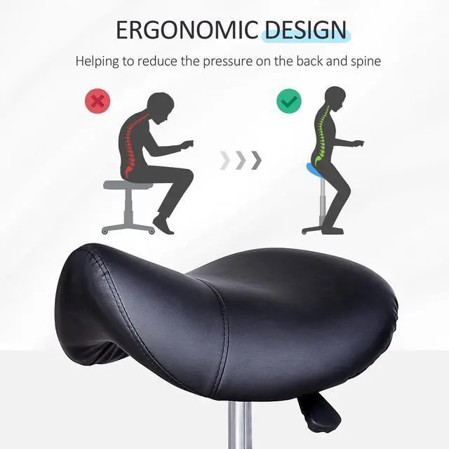 Alt view image 4 of 7 - Rolling Saddle Stool, Swivel Salon Chair, Ergonomic Faux Leather Stool, Adjustable Height with Wheels for Spa, Salon, Massage, Office, Black