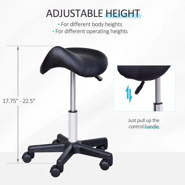 Alt view image 7 of 7 - Rolling Saddle Stool, Swivel Salon Chair, Ergonomic Faux Leather Stool, Adjustable Height with Wheels for Spa, Salon, Massage, Office, Black
