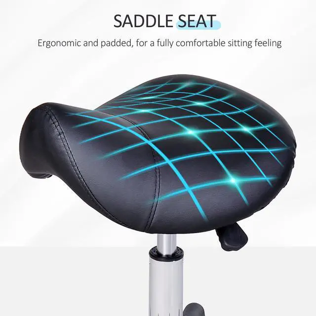Alt view image 3 of 7 - Rolling Saddle Stool, Swivel Salon Chair, Ergonomic Faux Leather Stool, Adjustable Height with Wheels for Spa, Salon, Massage, Office, Black