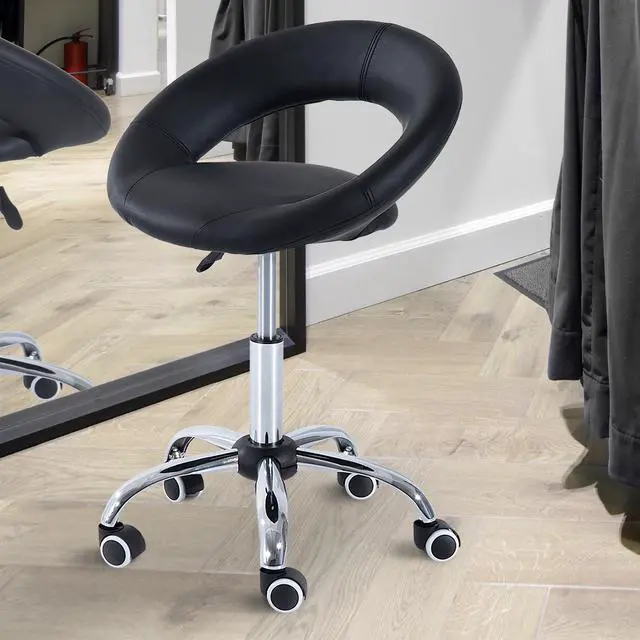Alt view image 5 of 7 - Crescent Rolling Salon Stool with Adjustable Height, Breathable Open Back, Foam Cushion Seat, and 5 Caster Wheels, Black