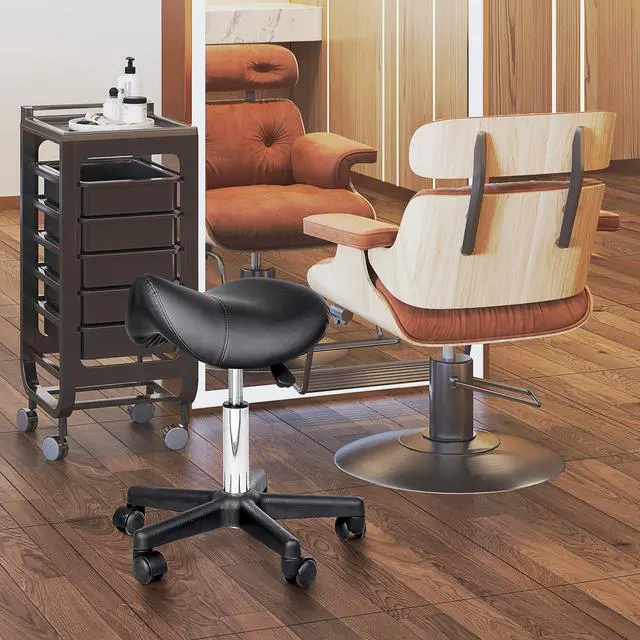 Alt view image 6 of 7 - Rolling Saddle Stool, Swivel Salon Chair, Ergonomic Faux Leather Stool, Adjustable Height with Wheels for Spa, Salon, Massage, Office, Black
