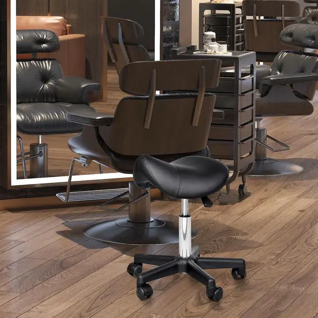 Alt view image 2 of 7 - Rolling Saddle Stool, Swivel Salon Chair, Ergonomic Faux Leather Stool, Adjustable Height with Wheels for Spa, Salon, Massage, Office, Black