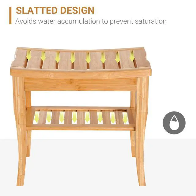 Alt view image 7 of 7 - Long Bamboo Shower Bench Seat, 20" Wooden Spa Shower Stool with Underneath Storage Shelf Shoe Organizer