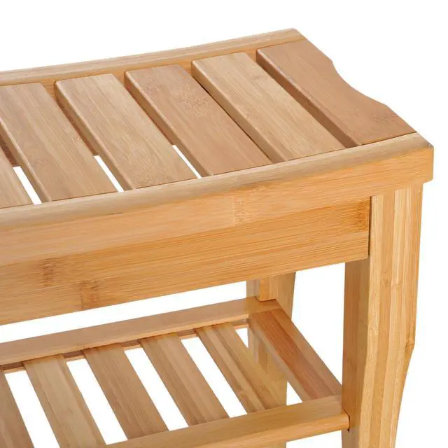 Alt view image 2 of 7 - Long Bamboo Shower Bench Seat, 20" Wooden Spa Shower Stool with Underneath Storage Shelf Shoe Organizer