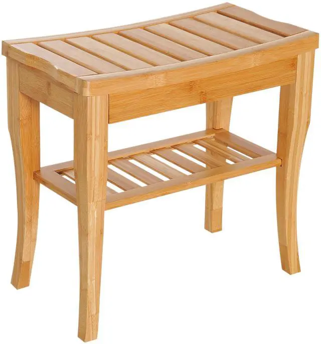 Main image of Long Bamboo Shower Bench Seat, 20" Wooden Spa Shower Stool with Underneath Storage Shelf Shoe Organizer