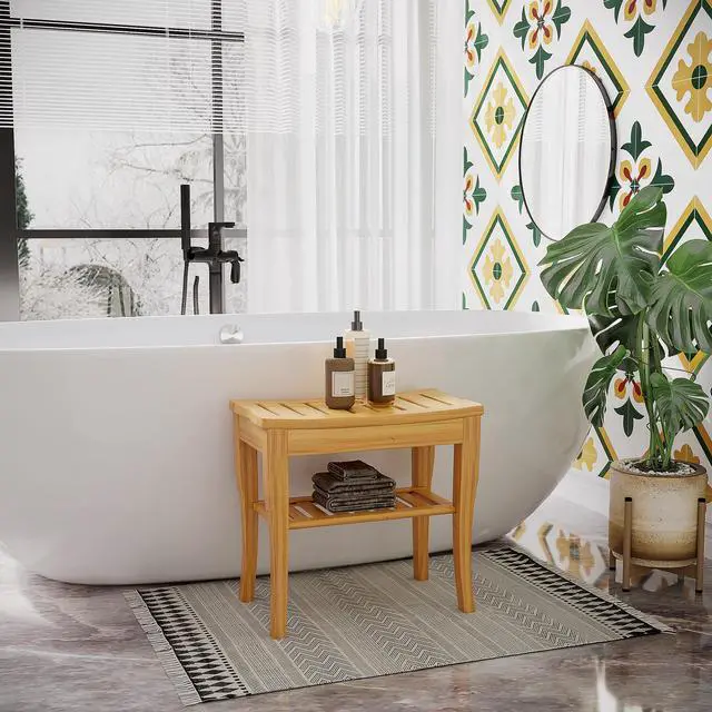 Alt view image 6 of 7 - Long Bamboo Shower Bench Seat, 20" Wooden Spa Shower Stool with Underneath Storage Shelf Shoe Organizer