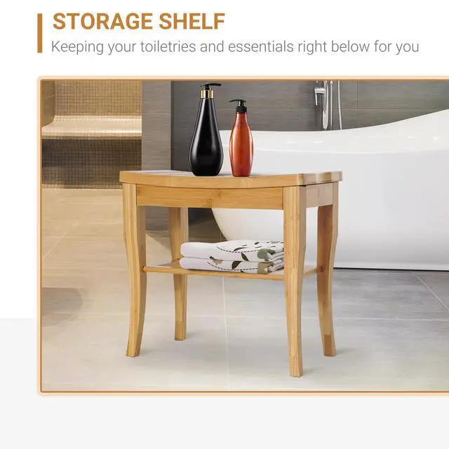 Alt view image 3 of 7 - Long Bamboo Shower Bench Seat, 20" Wooden Spa Shower Stool with Underneath Storage Shelf Shoe Organizer