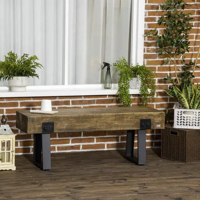 Alt view image 5 of 7 - Garden Bench with Metal Legs, Rustic Wood Effect Concrete Entryway Bench, End of Bed Bench, Indoor Outdoor Use for Patio, Park, Porch and Lawn, Natural and Black