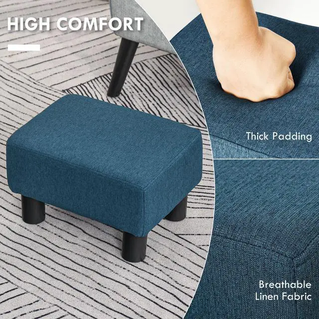 Alt view image 3 of 5 - Ottoman Foot Rest, Small Foot Stool with Linen Fabric Upholstery and Plastic Legs, Cube Ottoman for Living Room, Blue