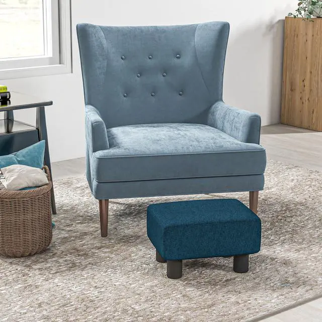 Alt view image 4 of 5 - Ottoman Foot Rest, Small Foot Stool with Linen Fabric Upholstery and Plastic Legs, Cube Ottoman for Living Room, Blue