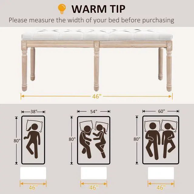 Alt view image 7 of 7 - HOMCOM 46" End of Bed Bench, Upholstered Bedroom Bench, Cream White