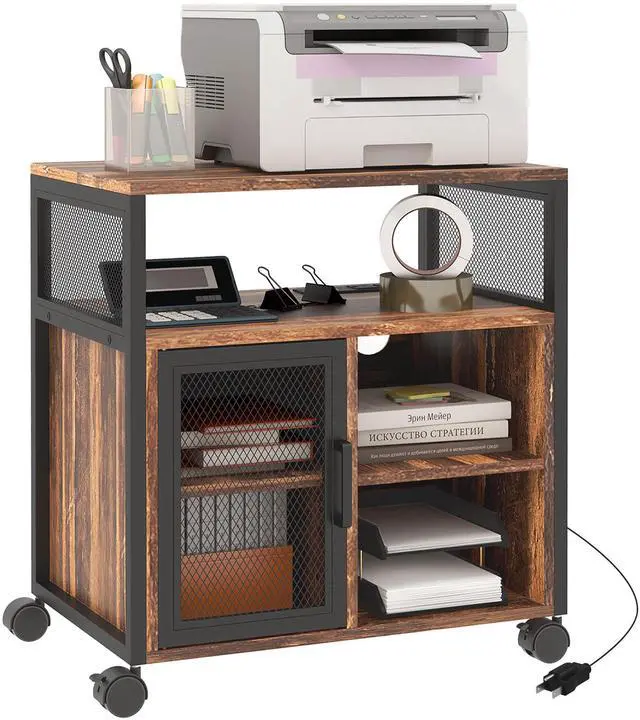 Main image of Vinsetto Mobile Printer Stand with Socket & USB Ports, Rustic Brown
