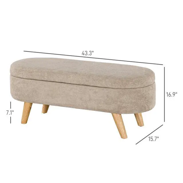 Alt view image 7 of 7 - HOMCOM Storage Ottoman Bench, 43.3" Teddy Fleece Upholstered End of Bed Bench with Wood Legs and Padded Seat, Oval Modern Entryway Bench, Beige
