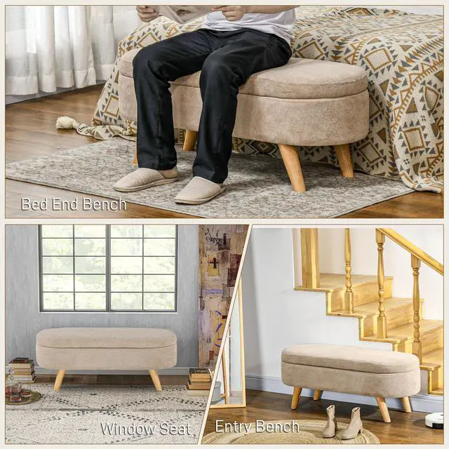 Alt view image 4 of 7 - HOMCOM Storage Ottoman Bench, 43.3" Teddy Fleece Upholstered End of Bed Bench with Wood Legs and Padded Seat, Oval Modern Entryway Bench, Beige