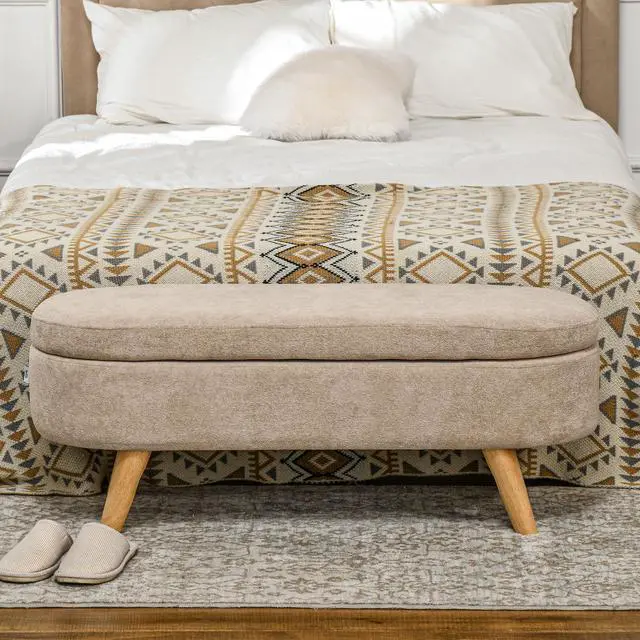 Alt view image 3 of 7 - HOMCOM Storage Ottoman Bench, 43.3" Teddy Fleece Upholstered End of Bed Bench with Wood Legs and Padded Seat, Oval Modern Entryway Bench, Beige