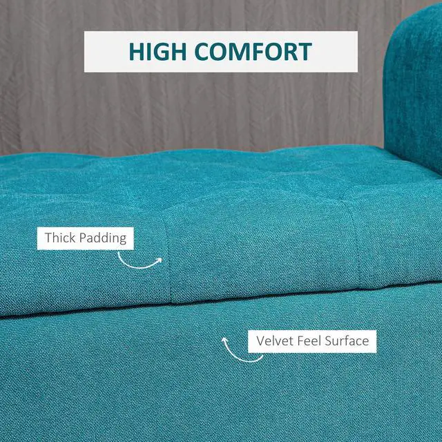 Alt view image 3 of 7 - HOMCOM 50" Storage Ottoman Bench, Upholstered End of Bed Bench with Rolled Arms, Wood Legs, Button Tufted Storage Bench with Safety Hinges for Living Room, Entryway, Bedroom, Teal