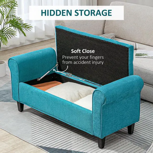 Alt view image 4 of 7 - HOMCOM 50" Storage Ottoman Bench, Upholstered End of Bed Bench with Rolled Arms, Wood Legs, Button Tufted Storage Bench with Safety Hinges for Living Room, Entryway, Bedroom, Teal