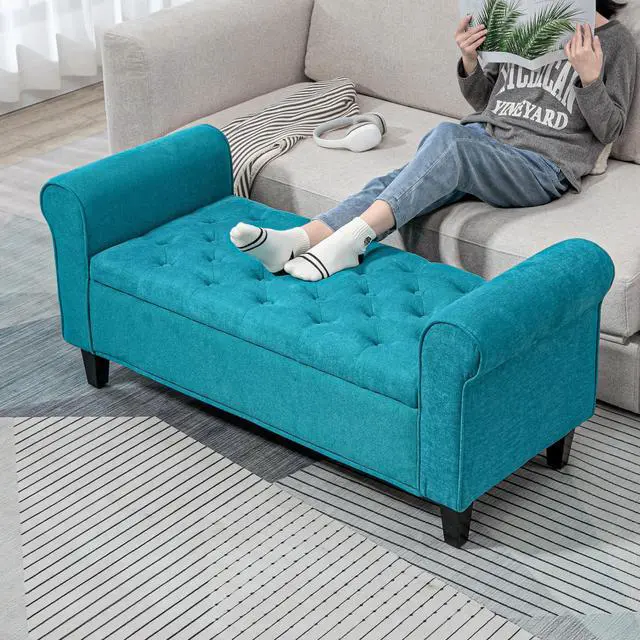 Alt view image 6 of 7 - HOMCOM 50" Storage Ottoman Bench, Upholstered End of Bed Bench with Rolled Arms, Wood Legs, Button Tufted Storage Bench with Safety Hinges for Living Room, Entryway, Bedroom, Teal
