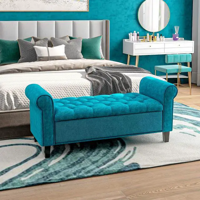 Alt view image 7 of 7 - HOMCOM 50" Storage Ottoman Bench, Upholstered End of Bed Bench with Rolled Arms, Wood Legs, Button Tufted Storage Bench with Safety Hinges for Living Room, Entryway, Bedroom, Teal