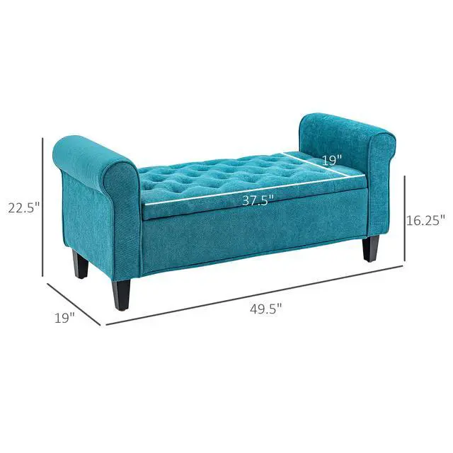 Alt view image 5 of 7 - HOMCOM 50" Storage Ottoman Bench, Upholstered End of Bed Bench with Rolled Arms, Wood Legs, Button Tufted Storage Bench with Safety Hinges for Living Room, Entryway, Bedroom, Teal