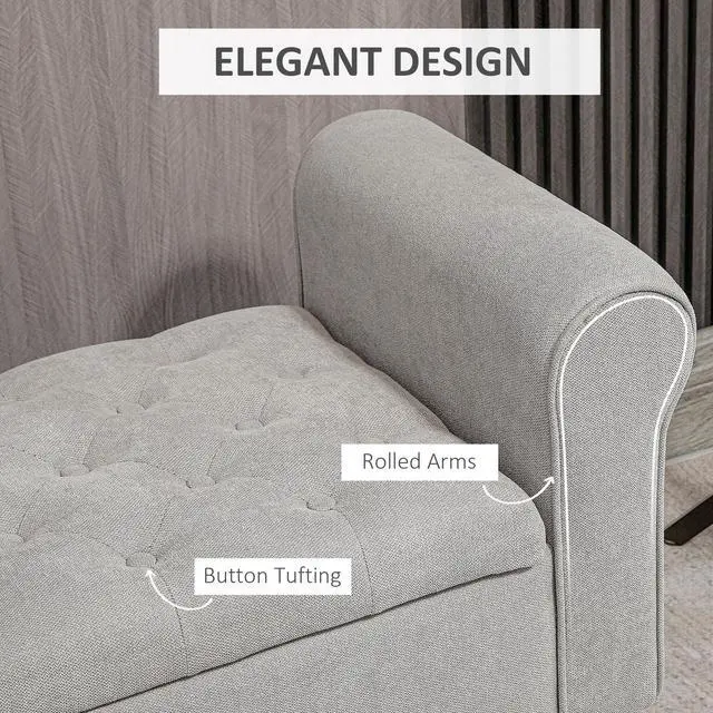 Alt view image 3 of 7 - HOMCOM 50" Storage Ottoman Bench, Upholstered End of Bed Bench with Rolled Arms, Wood Legs, Button Tufted Storage Bench with Safety Hinges for Living Room, Entryway, Bedroom, Gray