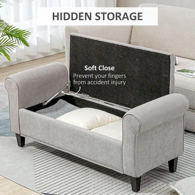 Alt view image 5 of 7 - HOMCOM 50" Storage Ottoman Bench, Upholstered End of Bed Bench with Rolled Arms, Wood Legs, Button Tufted Storage Bench with Safety Hinges for Living Room, Entryway, Bedroom, Gray