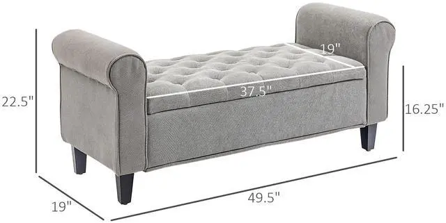 Alt view image 6 of 7 - HOMCOM 50" Storage Ottoman Bench, Upholstered End of Bed Bench with Rolled Arms, Wood Legs, Button Tufted Storage Bench with Safety Hinges for Living Room, Entryway, Bedroom, Gray